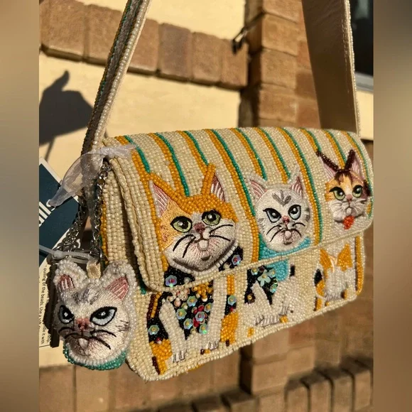 TJMAXX MARSHALLS VIRAL Cat Theme Striped Charm Beaded Shoulder Bag Purse Collect - Picture 14 of 16